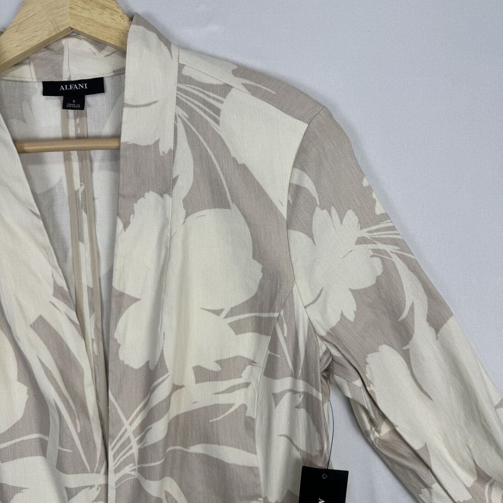 Alfani Floral Linen Cardigan Size Small Long Tan Draped Open Front Ruched Sleeve - Picture 5 of 16